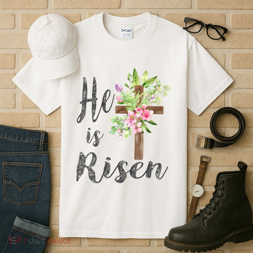 He is Risen Jesus Christian Easter Floral Wreath Women Girl Tall T-Shirt