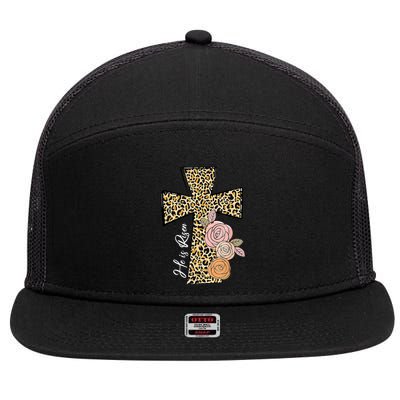 He Is Risen Leopard Easter Cross 7 Panel Mesh Trucker Snapback Hat