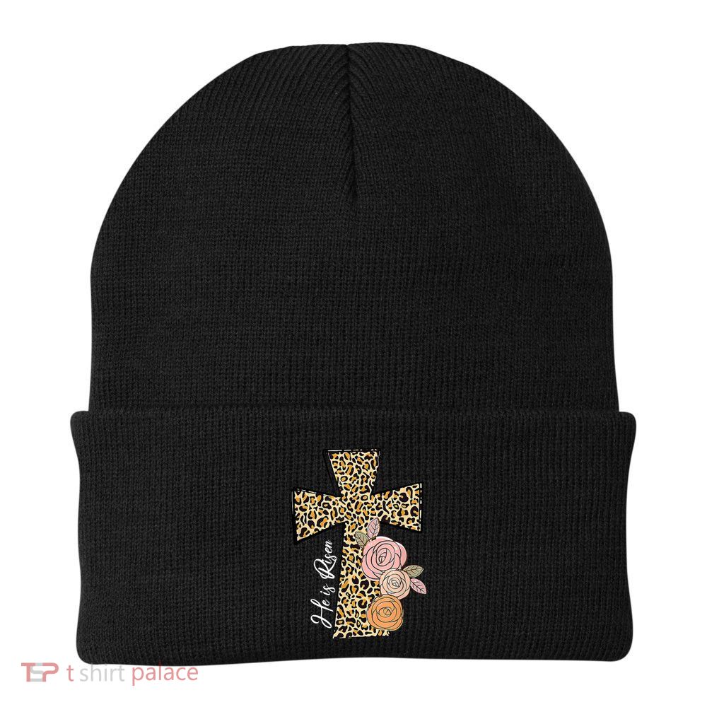 He Is Risen Leopard Easter Cross Beanie