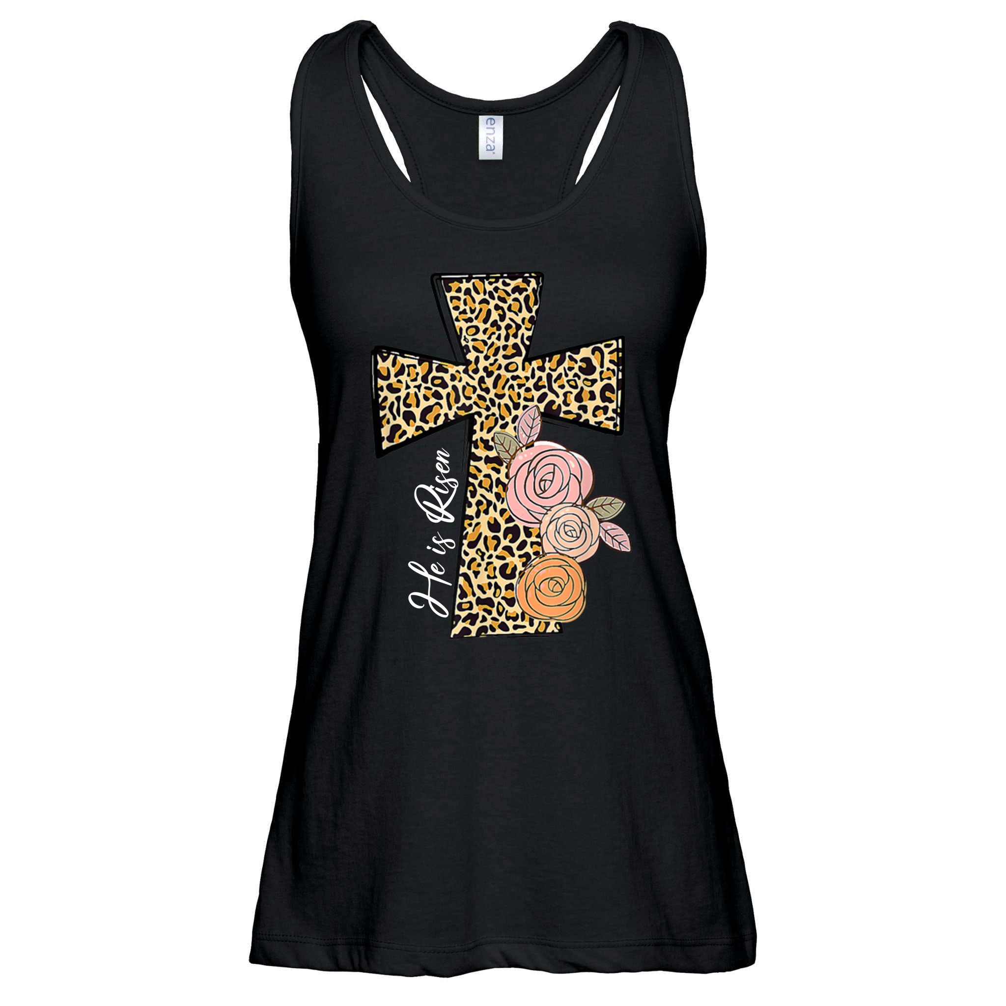 He Is Risen Leopard Easter Cross Ladies Essential Flowy Tank