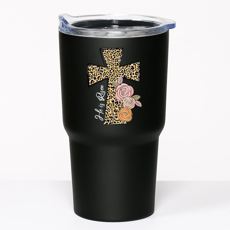 He Is Risen Leopard Easter Cross Tumbler