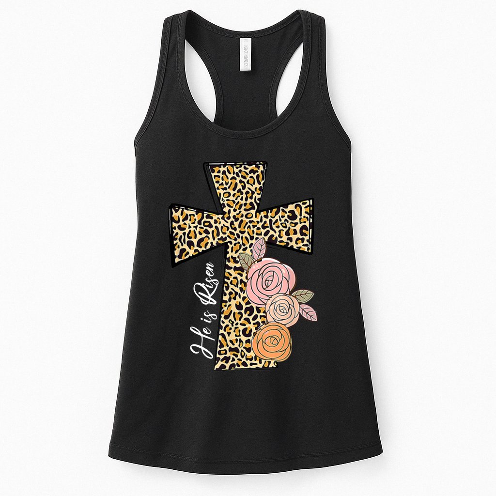 He Is Risen Leopard Easter Cross Womens Tank Top