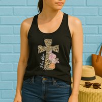 He Is Risen Leopard Easter Cross Womens Tank Top