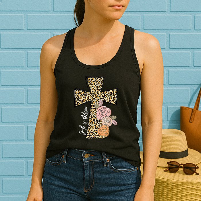 He Is Risen Leopard Easter Cross Womens Tank Top