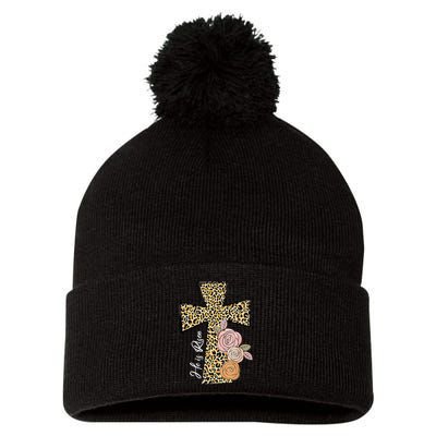 He Is Risen Leopard Easter Cross Pom Pom 12in Knit Beanie