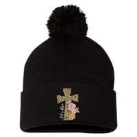 He Is Risen Leopard Easter Cross Pom Pom 12in Knit Beanie