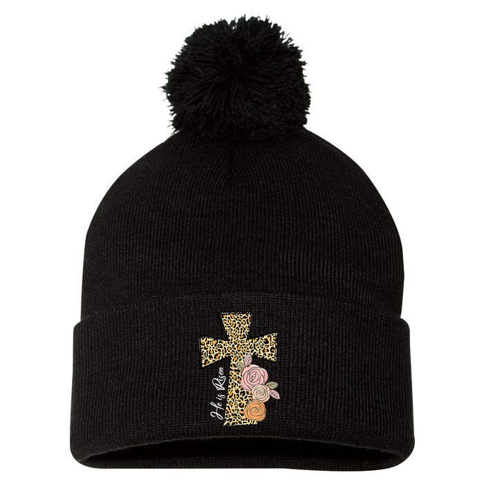 He Is Risen Leopard Easter Cross Pom Pom 12in Knit Beanie