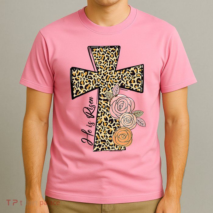 He Is Risen Leopard Easter Cross T-Shirt
