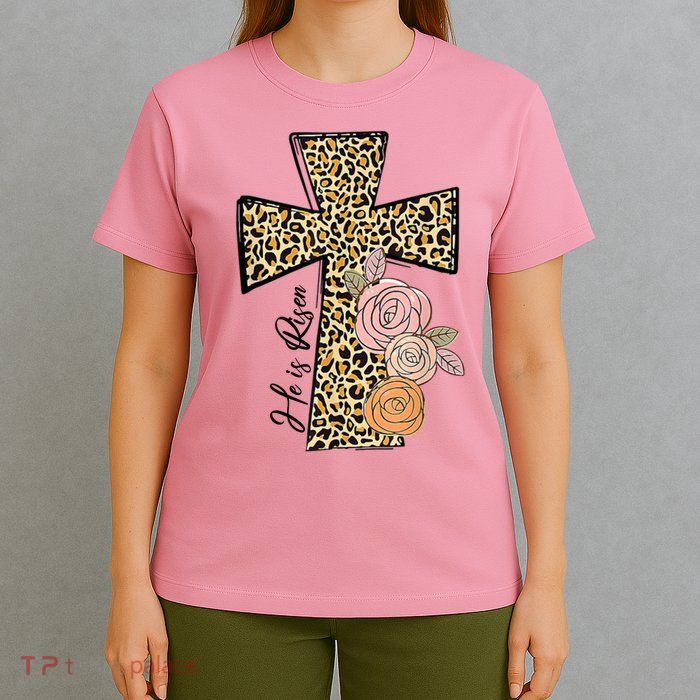 He Is Risen Leopard Easter Cross T-Shirt