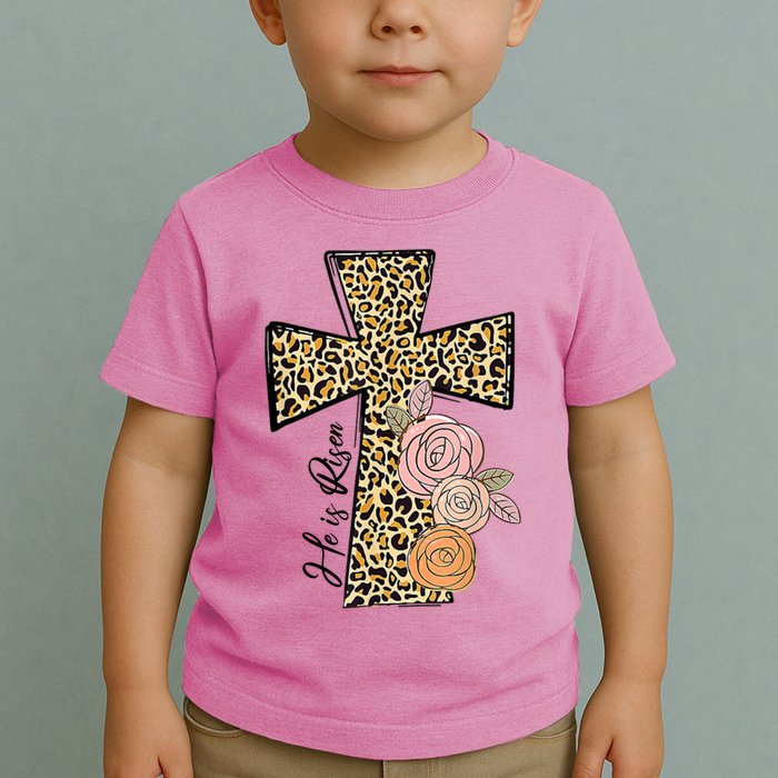 He Is Risen Leopard Easter Cross Toddler T-Shirt