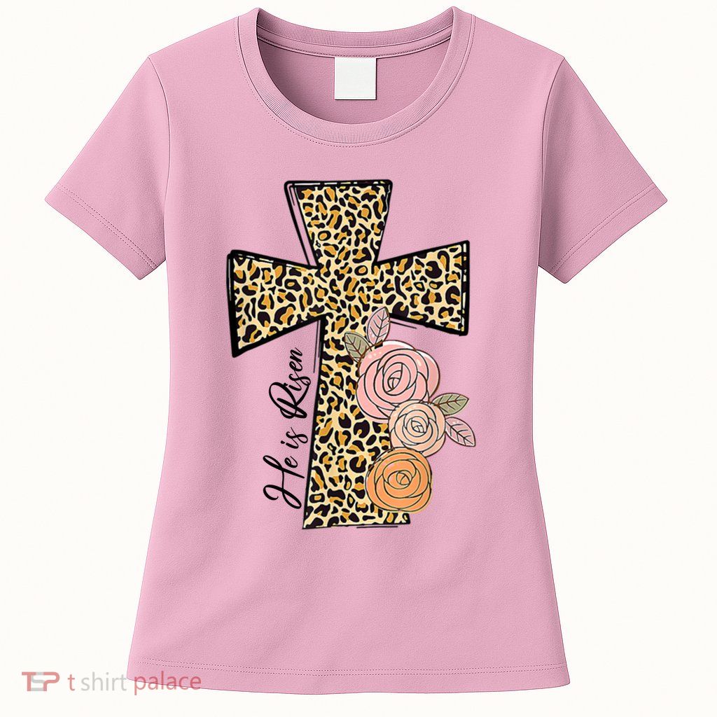 He Is Risen Leopard Easter Cross Womens T-Shirt