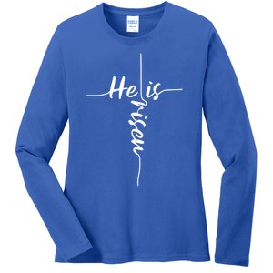 He Is Risen Easter Day Jesus Cross Religious Christian Bible Gift Ladies Long Sleeve Shirt