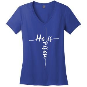 He Is Risen Easter Day Jesus Cross Religious Christian Bible Gift Women's V-Neck T-Shirt