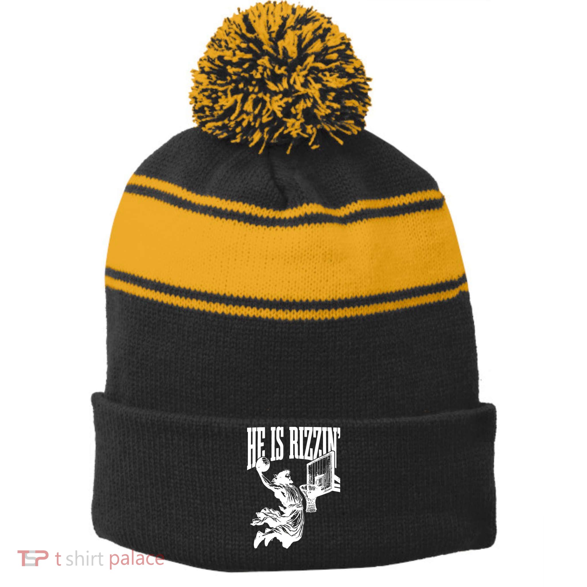 He Is Rizzin Funny Jesus Basketball Stripe Pom Pom Beanie