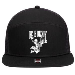 He Is Rizzin Funny Jesus Basketball 7 Panel Mesh Trucker Snapback Hat