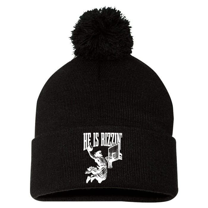He Is Rizzin Funny Jesus Basketball Pom Pom 12in Knit Beanie