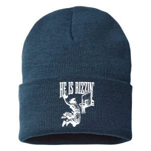 He Is Rizzin Funny Jesus Basketball Sustainable Knit Beanie