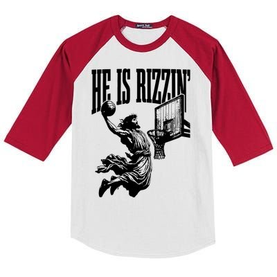 He Is Rizzin Funny Jesus Basketball Kids Colorblock Raglan Jersey