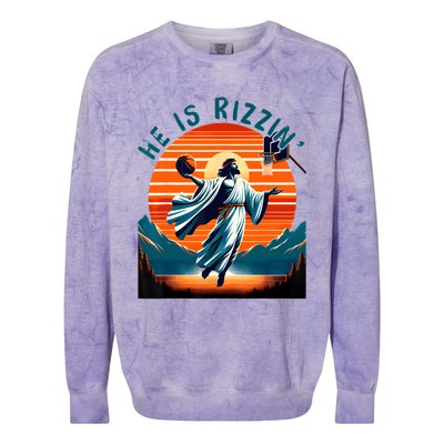 He Is Rizzin Basketball Jesus Retro Easter Christian Colorblast Crewneck Sweatshirt