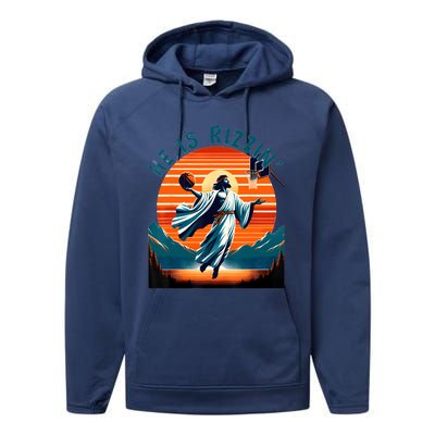 He Is Rizzin Basketball Jesus Retro Easter Christian Performance Fleece Hoodie