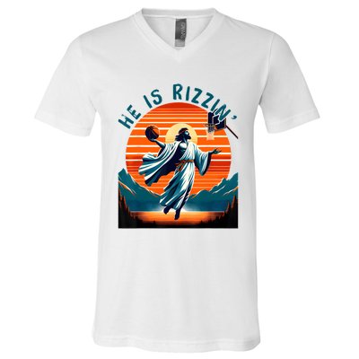 He Is Rizzin Basketball Jesus Retro Easter Christian V-Neck T-Shirt