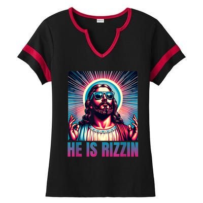 He Is Rizzin Jesus Is Rizzen Ladies Halftime Notch Neck Tee