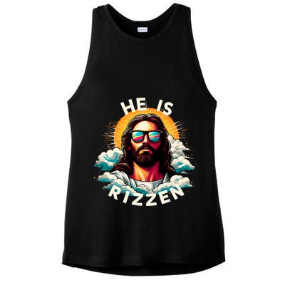 He Is Rizzen Christian Jesus Is Rizzen Christian Religious Ladies PosiCharge Tri-Blend Wicking Tank