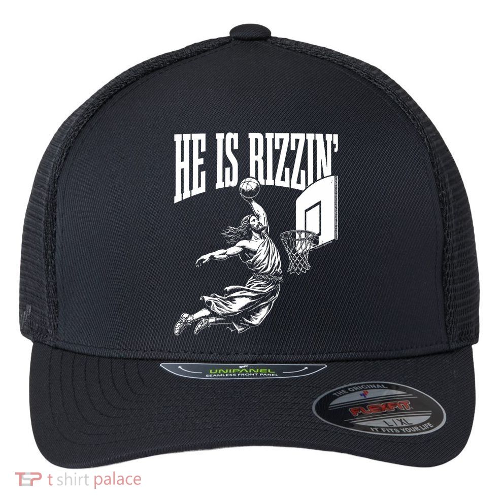 He Is Rizzin Funny Jesus Basketball Meme Flexfit Unipanel Trucker Cap