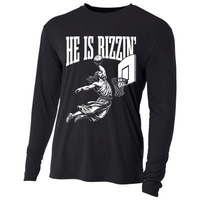 He Is Rizzin Funny Jesus Basketball Meme Cooling Performance Long Sleeve Crew
