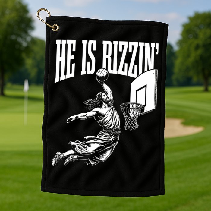 He Is Rizzin Funny Jesus Basketball Meme Golf Towel