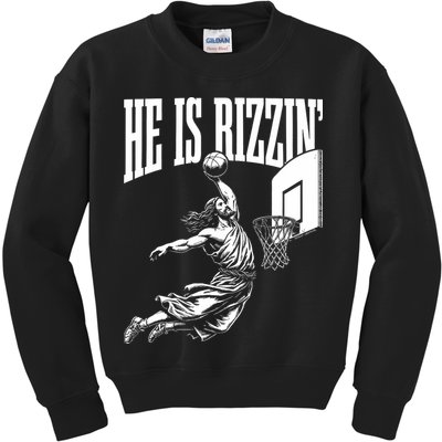 He Is Rizzin Funny Jesus Basketball Meme Kids Sweatshirt