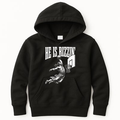 He Is Rizzin Funny Jesus Basketball Meme Kids Hoodie