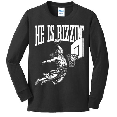 He Is Rizzin Funny Jesus Basketball Meme Kids Long Sleeve Shirt