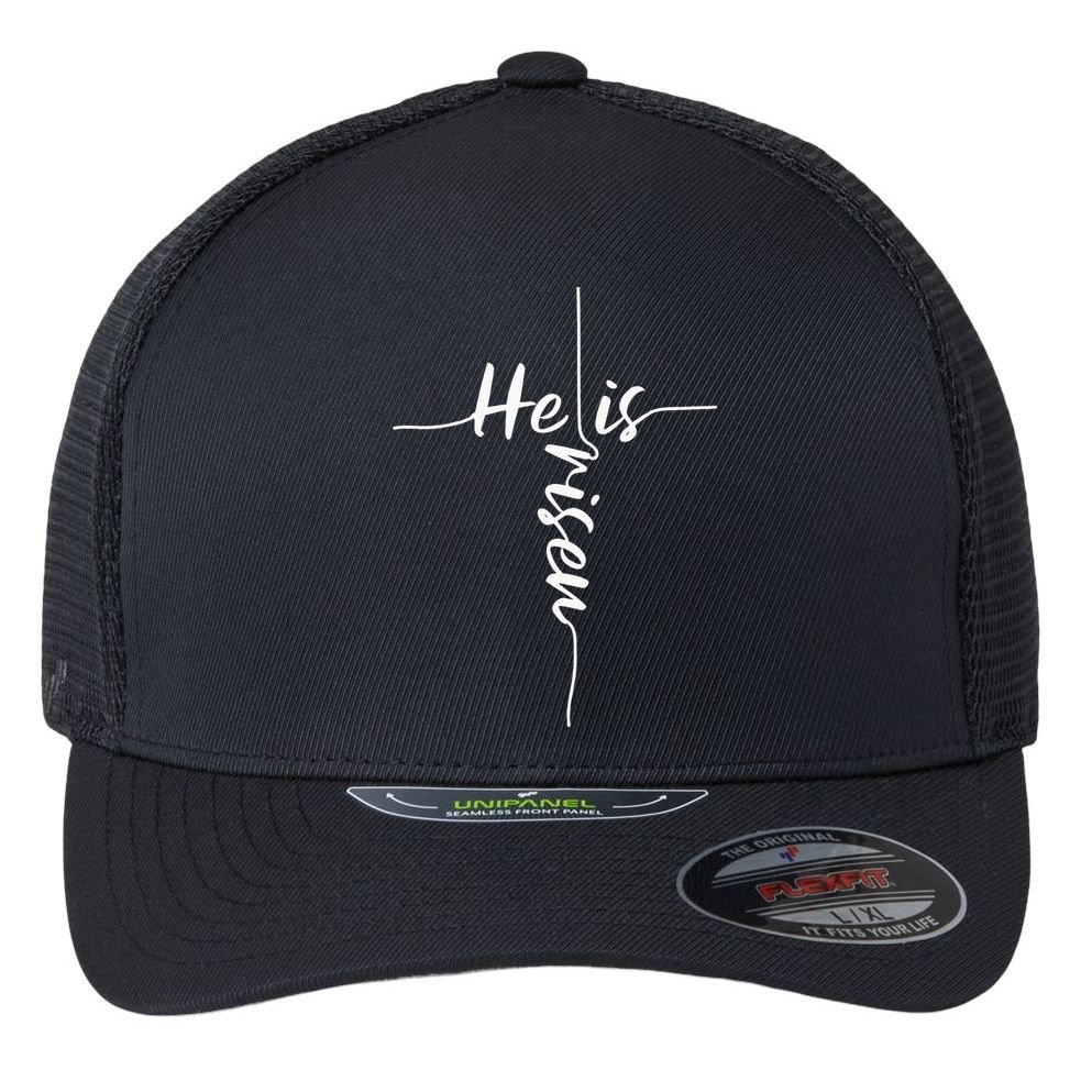 He Is Risen Easter Day Jesus Cross Religious Christian Bible Flexfit Unipanel Trucker Cap