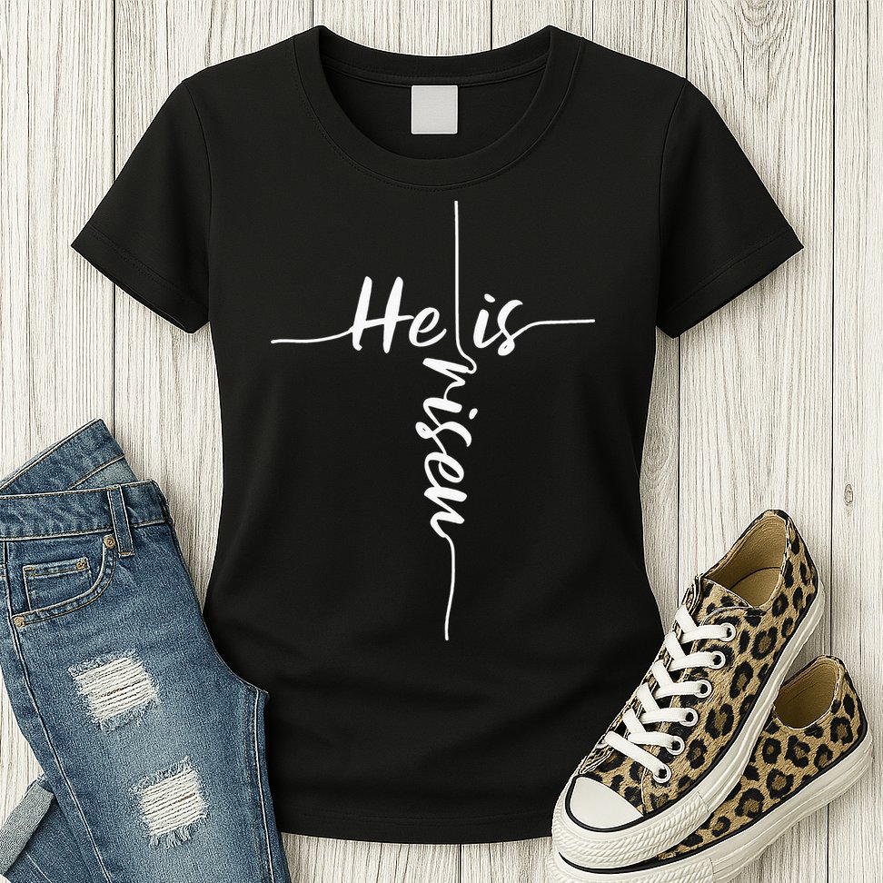 He Is Risen Easter Day Jesus Cross Religious Christian Bible Womens T-Shirt
