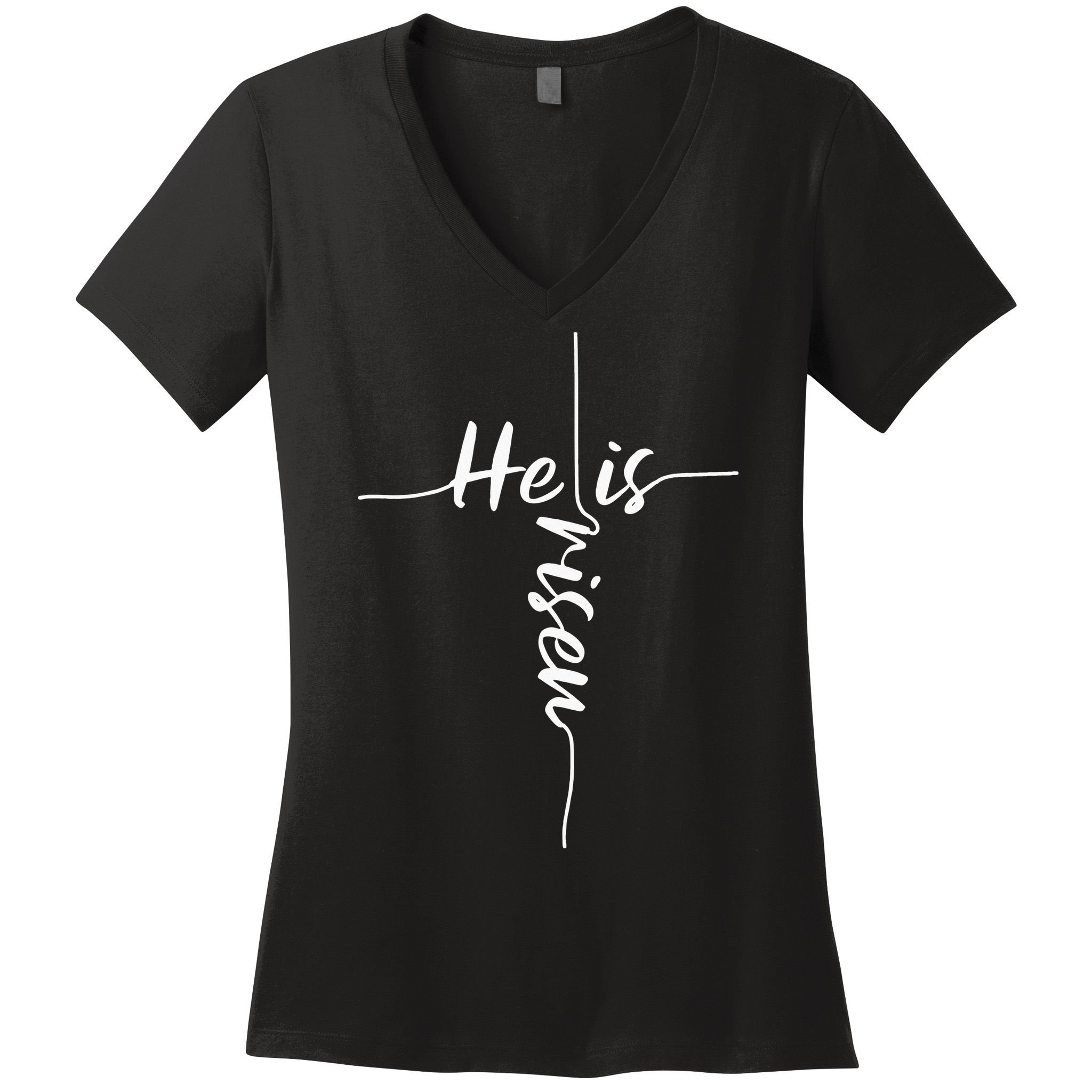 He Is Risen Easter Day Jesus Cross Religious Christian Bible Women's V-Neck T-Shirt