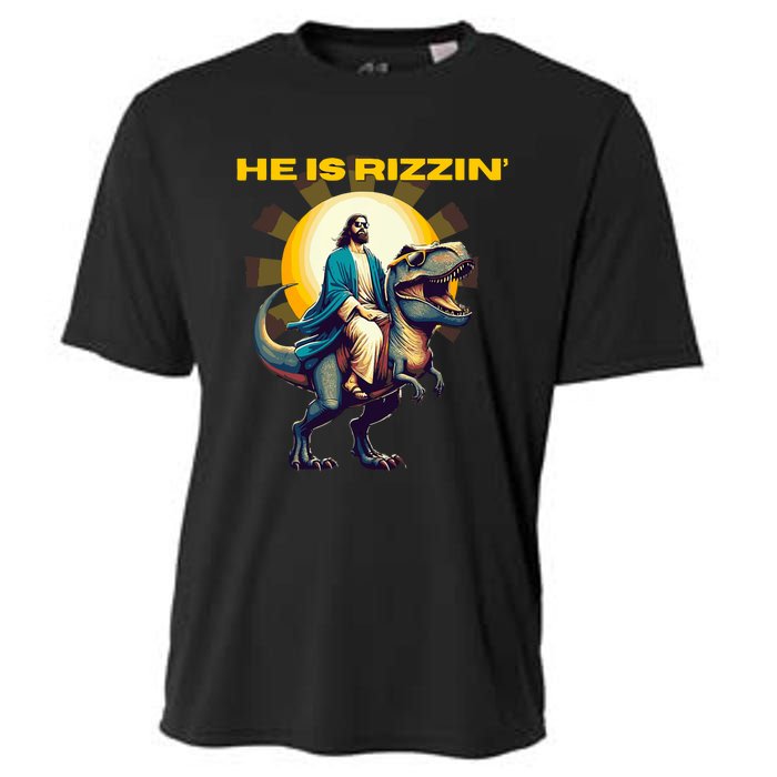 He Is Rizzin Funny Jesus Dinosaur Religion Catholic Cooling Performance Crew T-Shirt