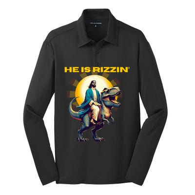 He Is Rizzin Funny Jesus Dinosaur Religion Catholic Silk Touch Performance Long Sleeve Polo