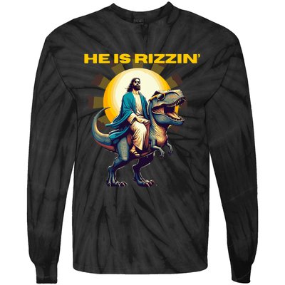 He Is Rizzin Funny Jesus Dinosaur Religion Catholic Tie-Dye Long Sleeve Shirt