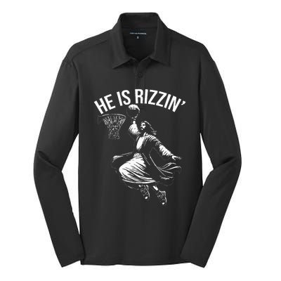 He Is Rizzin Funny Jesus Christ Basketball Player Dunking Silk Touch Performance Long Sleeve Polo