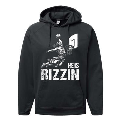 He Is Rizzin Funny Jesus Playing Basketball Meme Performance Fleece Hoodie