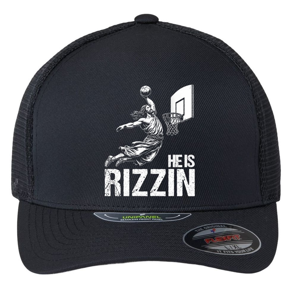 He Is Rizzin Funny Jesus Playing Basketball Meme Flexfit Unipanel Trucker Cap