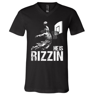 He Is Rizzin Funny Jesus Playing Basketball Meme V-Neck T-Shirt