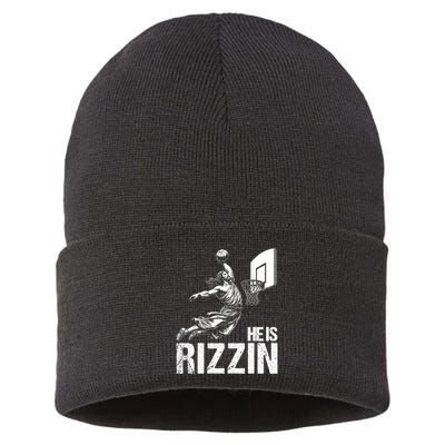 He Is Rizzin Funny Jesus Playing Basketball Meme Sustainable Knit Beanie