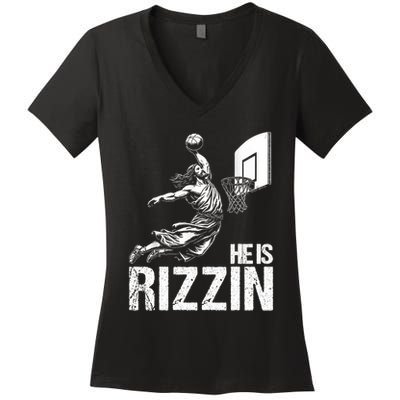 He Is Rizzin Funny Jesus Playing Basketball Meme Women's V-Neck T-Shirt