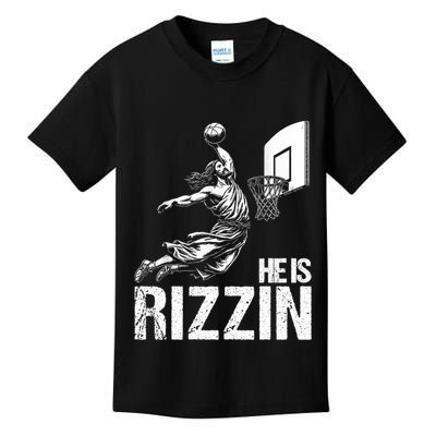 He Is Rizzin Funny Jesus Playing Basketball Meme Kids T-Shirt