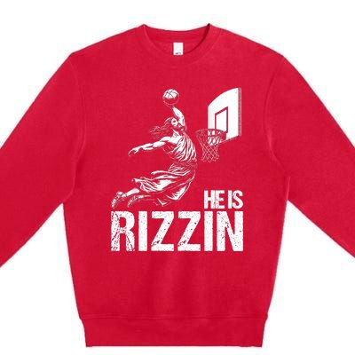 He Is Rizzin Funny Jesus Playing Basketball Meme Premium Crewneck Sweatshirt