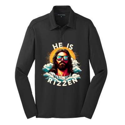 He Is Rizzen Christian Jesus Is Rizzen Christian Religious Silk Touch Performance Long Sleeve Polo