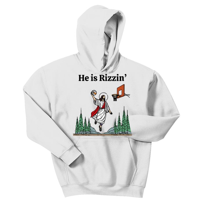 He Is Rizzin Funny Easter Day Jesus Playing Basketball Kids Hoodie