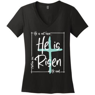 He Is Risen Easter Christian Cross Women's V-Neck T-Shirt